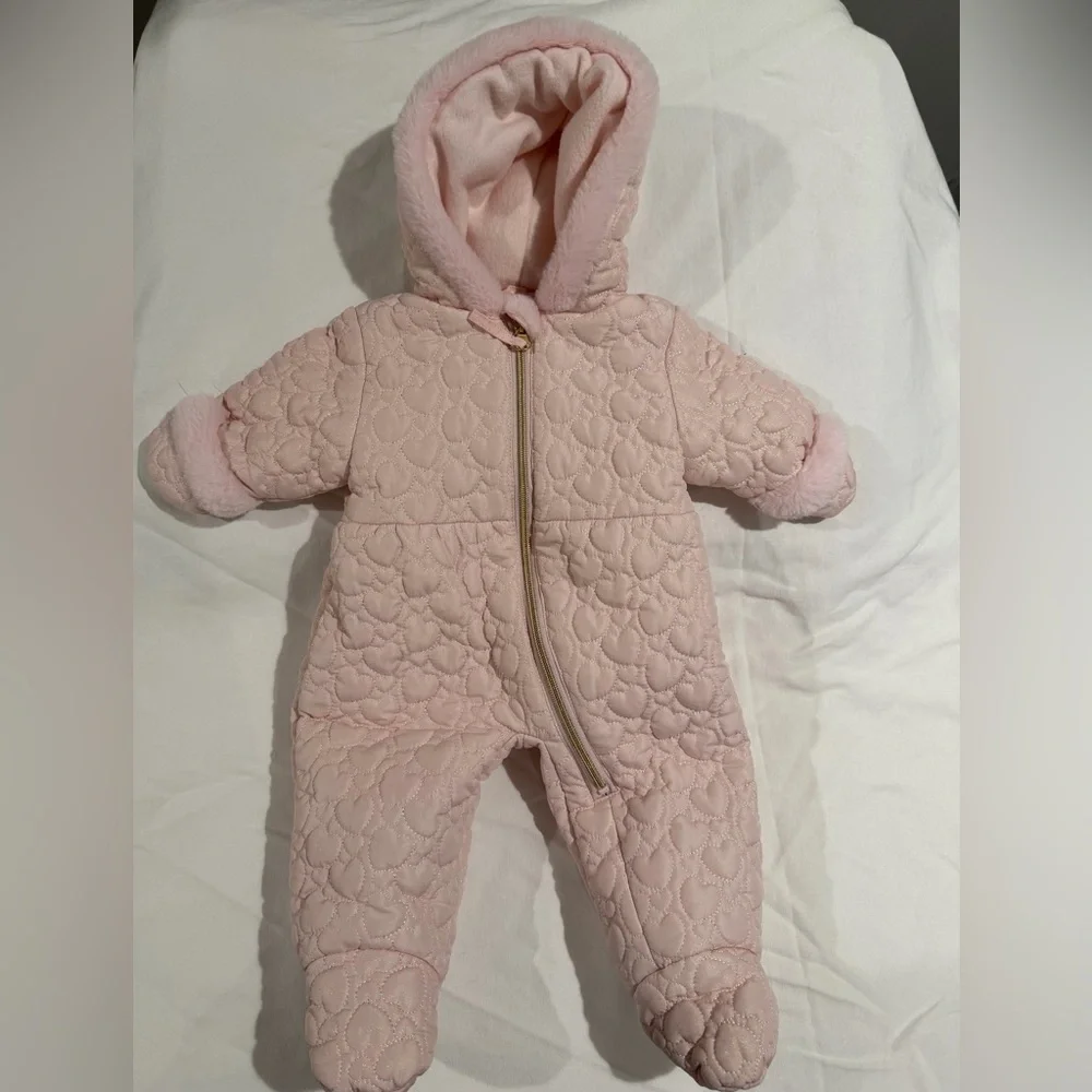 Rothschild Pale Pink With Hearts Quilted Hooded Baby One-Piece snowsuit